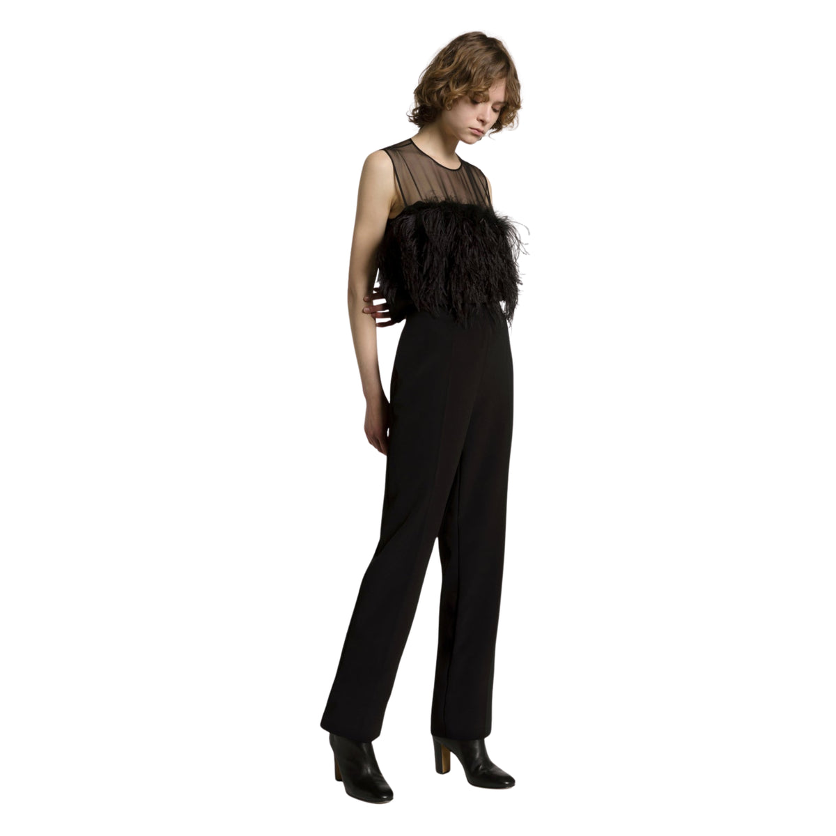 Top in enver satin con piume 
