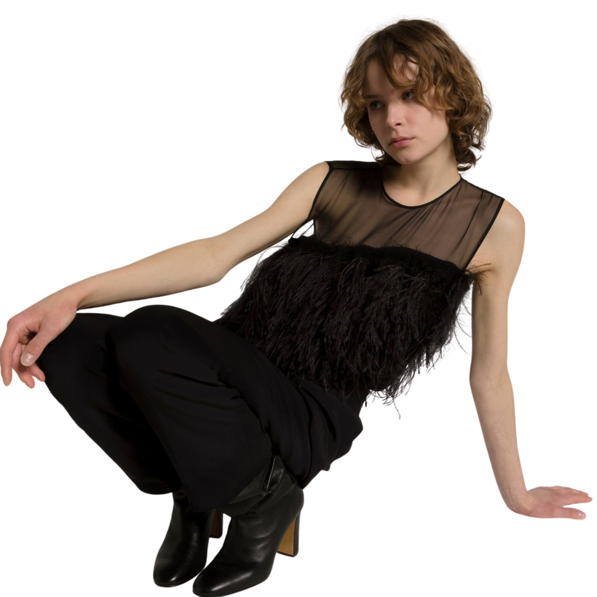 Top in enver satin con piume 
