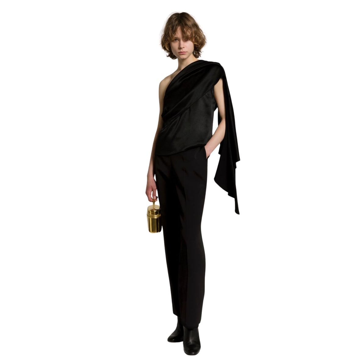 Top monospalla in satin con drappeggio 