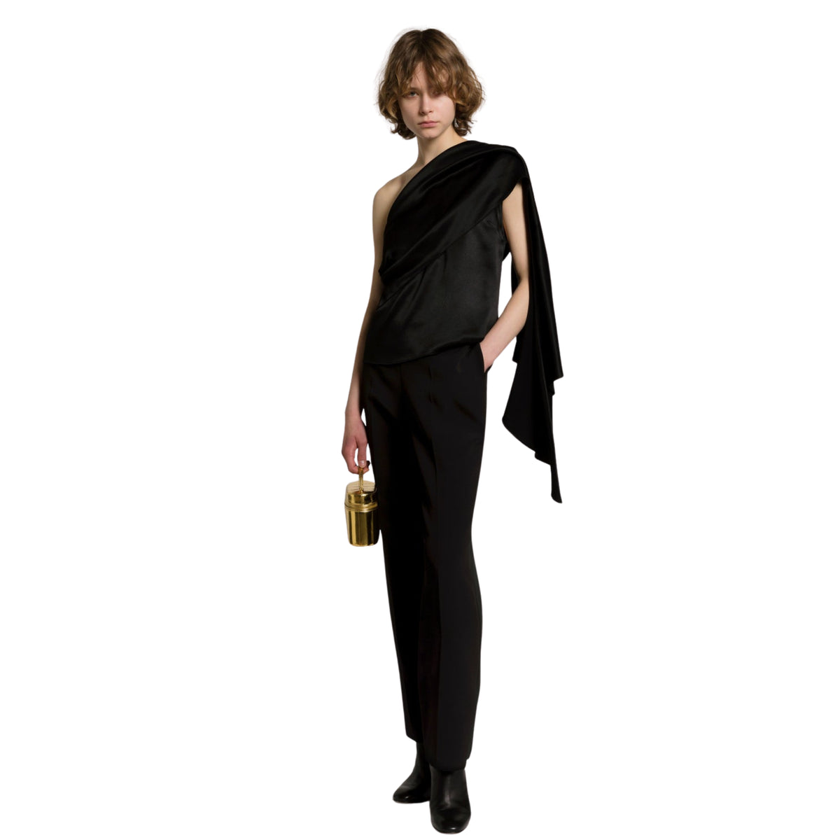 Top monospalla in satin con drappeggio 